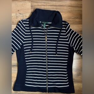 Lauren Ralph Lauren Jacket Women M Navy‎ Pinstripe Full Zip Collared 100% cotton